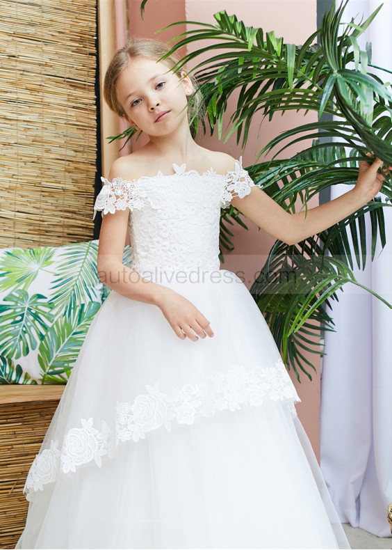 Off Shoulder Ivory Lace Tulle Corset Back Flower Girl Dress Off Shoulder Ivory Lace Tulle Corset Back Flower Girl Dress